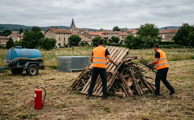 Deux bénévoles montent un bûcher de bois dans un pré, extincteur et citerne d'eau à proximité